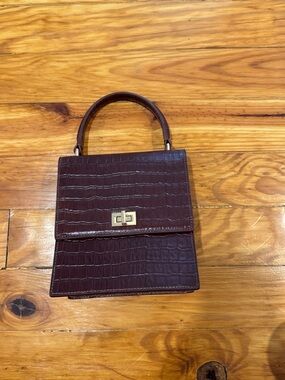 Structured Croc-Embossed Mini Top Handle Bag in Deep Burgundy, real leather